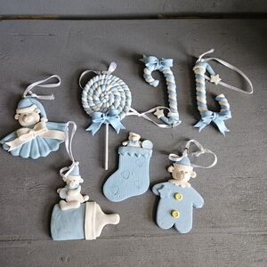 Baby Blue White Christmas Ornaments Polymer Clay Nursery Decor Holiday Gift Set